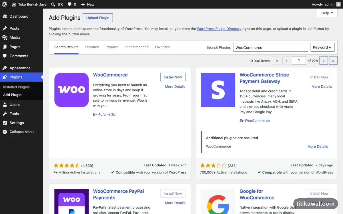 Halaman Plugins Add New WordPress menampilkan hasil pencarian plugin WooCommerce