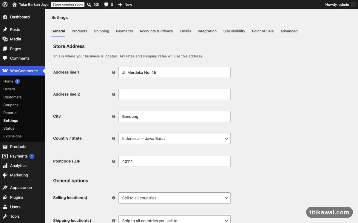 Layar WooCommerce Settings General dengan alamat toko di Bandung, Jawa Barat, Indonesia