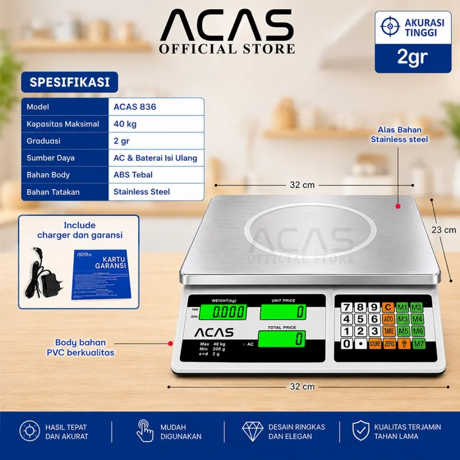 Tampilan layar timbangan digital ACAS 836 menunjukkan berat, harga satuan, dan harga total
