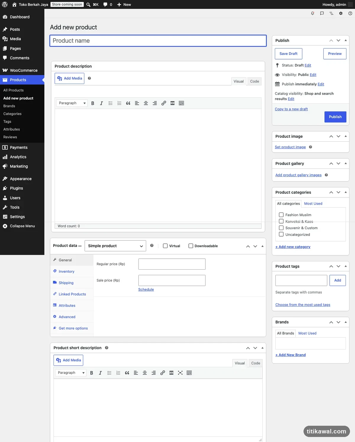 Form Add new product WooCommerce untuk mengisi nama, deskripsi, harga, dan data produk