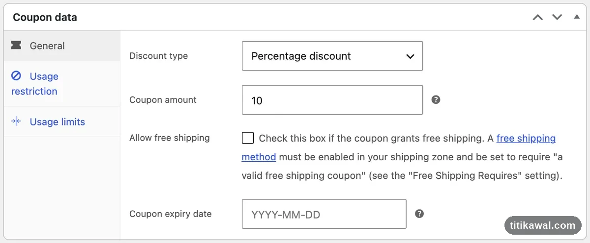 Panel Coupon data WooCommerce dengan Percentage discount 10 persen