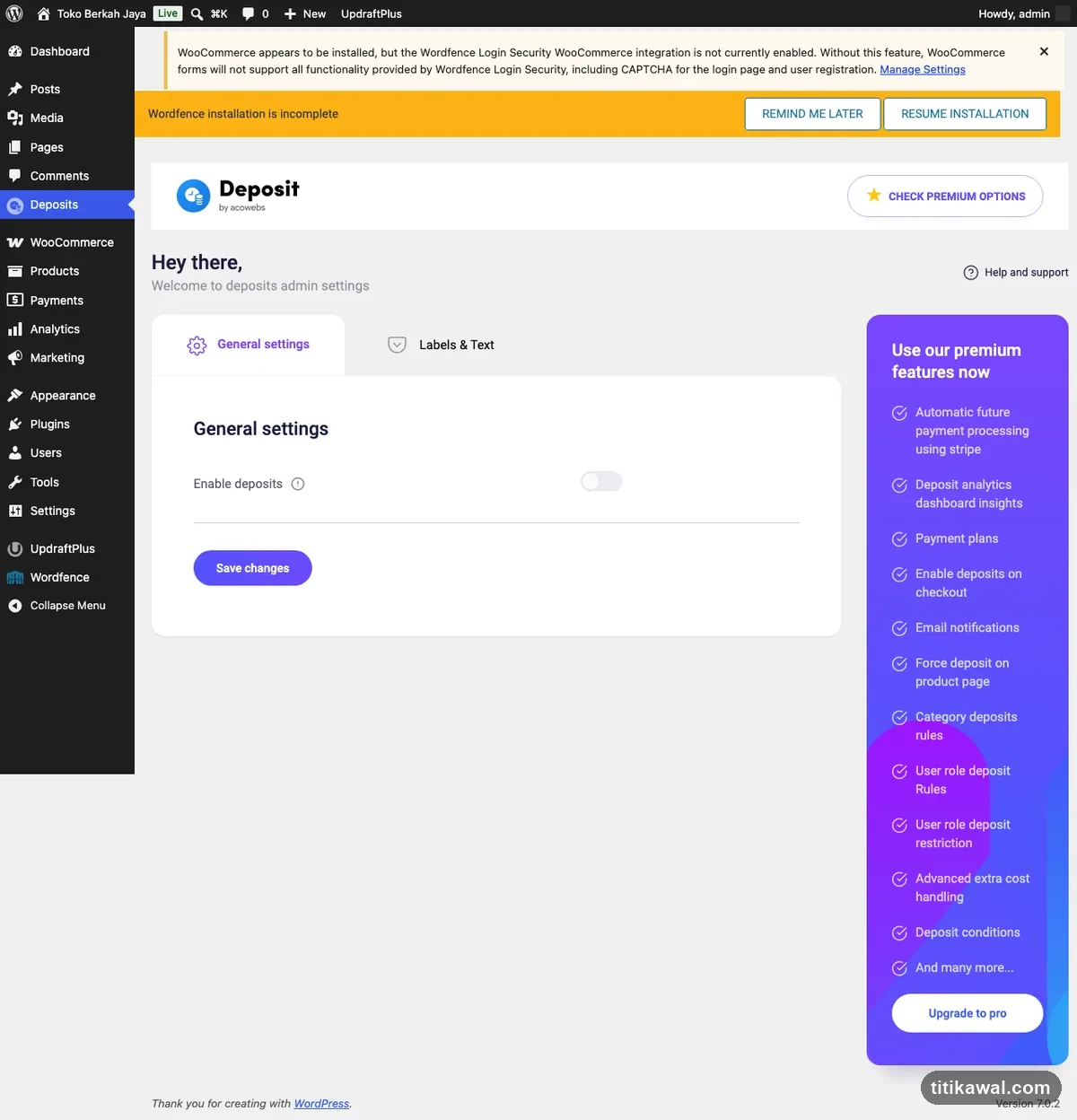 Halaman setting plugin Deposits untuk WooCommerce dengan opsi mengaktifkan pembayaran DP