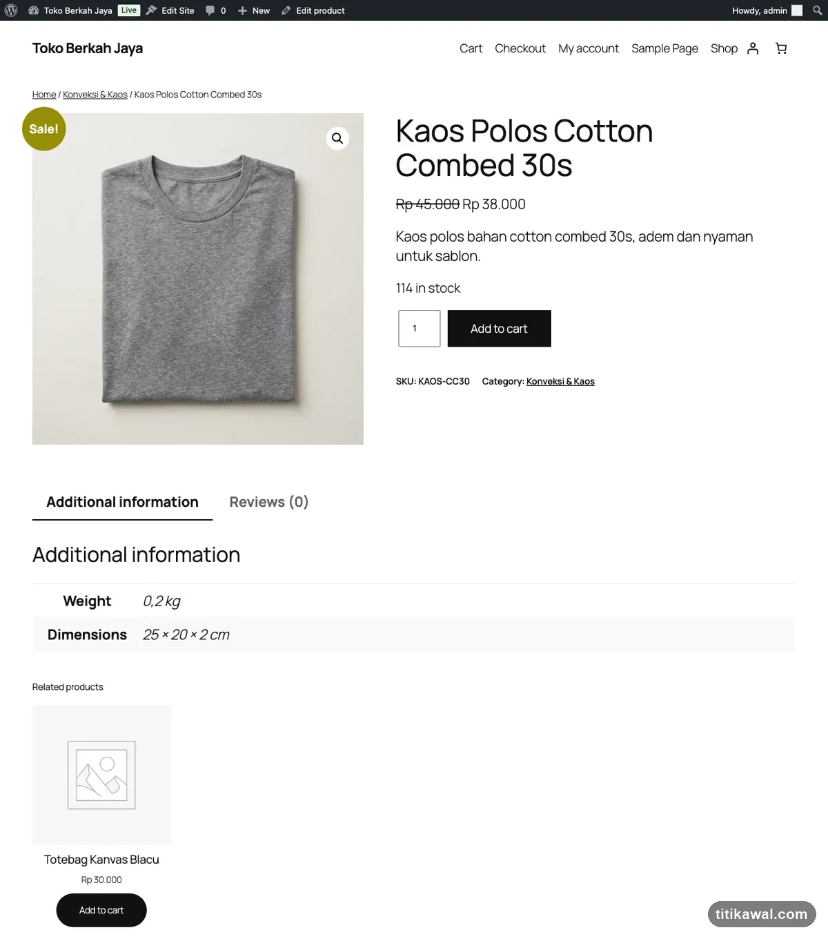 Halaman produk WooCommerce siap jualan dengan foto produk, harga diskon, stok, dan tombol Add to cart