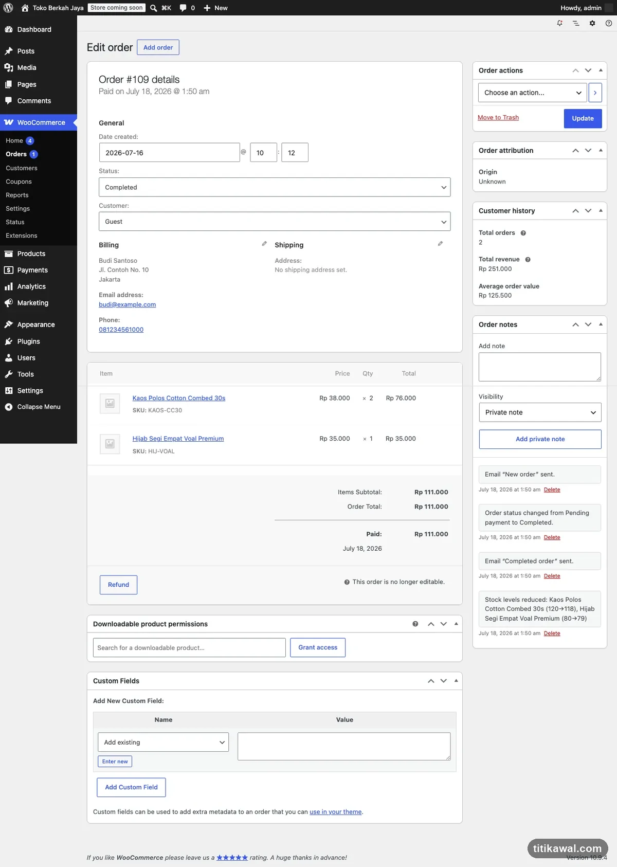 Detail pesanan WooCommerce dengan item, status, catatan pesanan, dan riwayat pelanggan