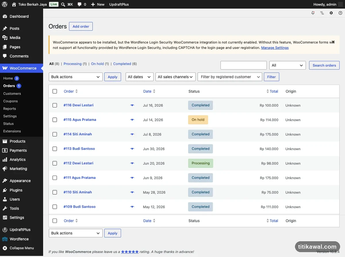 Daftar pesanan WooCommerce dengan status Completed, Processing, dan On hold