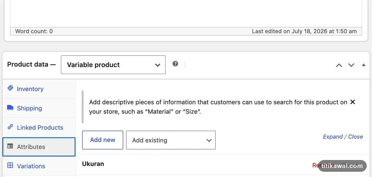 Tab Attributes WooCommerce dengan atribut Ukuran dan Warna untuk produk konveksi