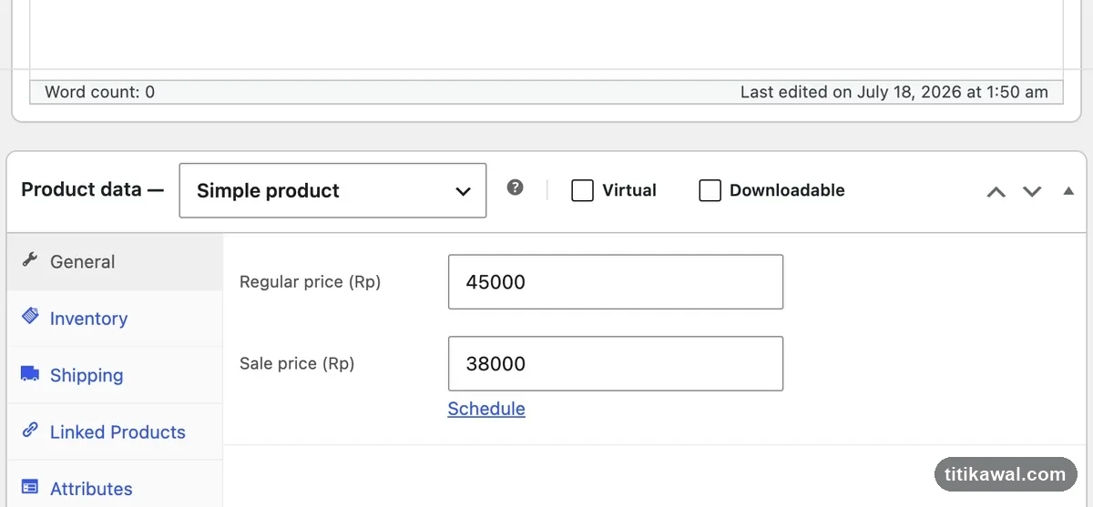 Panel Product data WooCommerce dengan Regular price dan Sale price untuk diskon produk