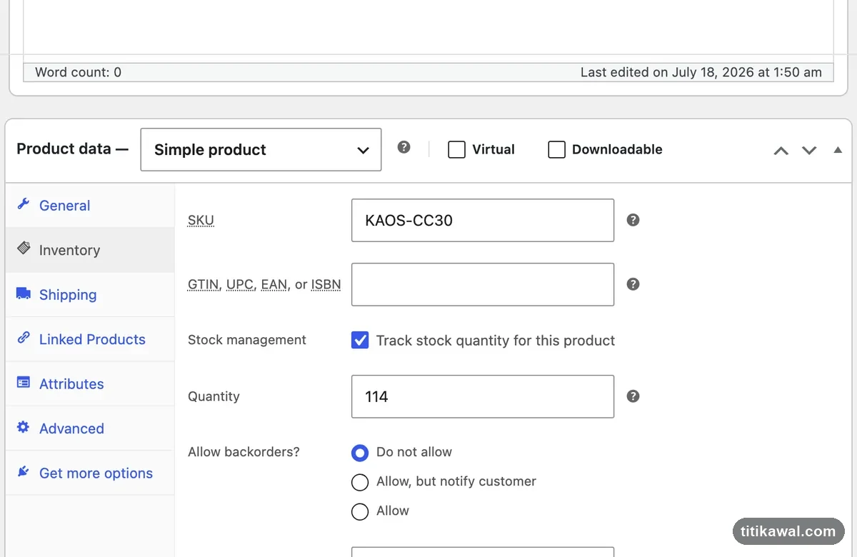 Tab Inventory pada Product data WooCommerce dengan opsi Manage stock dan jumlah stok