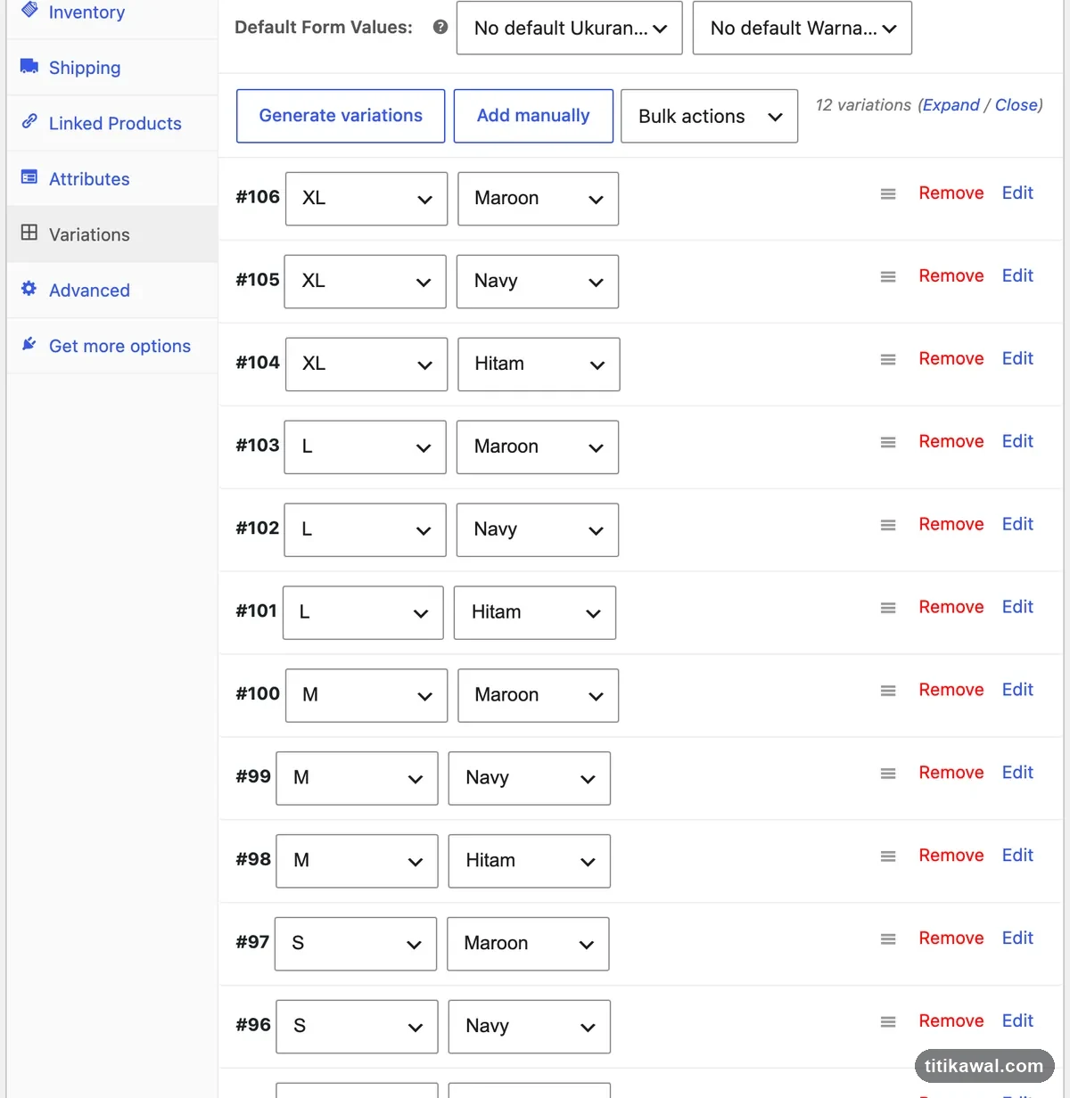 Tab Variations WooCommerce dengan kombinasi ukuran dan warna beserta harga dan stok