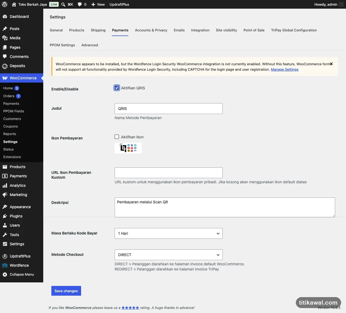 Setting gateway pembayaran QRIS di WooCommerce dengan opsi aktifkan QRIS, judul, dan deskripsi