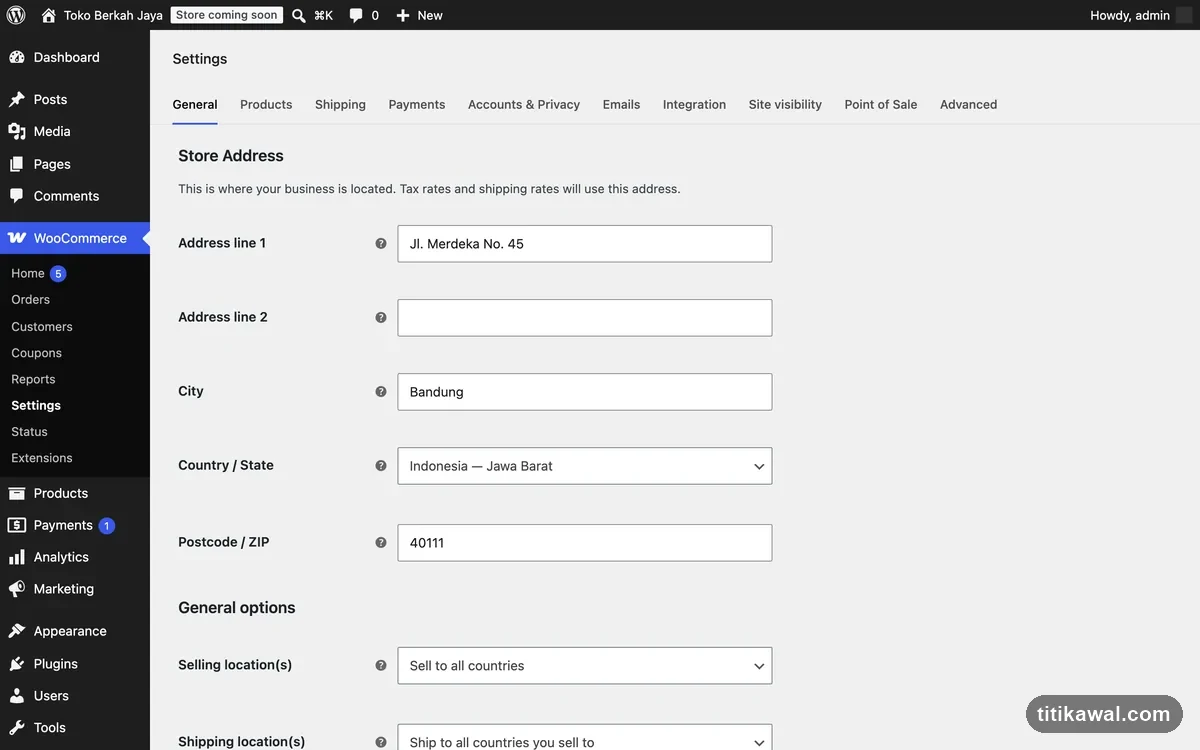 Settings General WooCommerce dengan alamat toko dan mata uang Rupiah