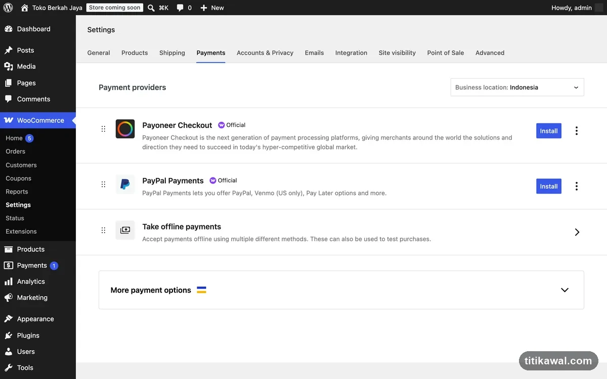 Settings Payments WooCommerce daftar metode pembayaran aktif