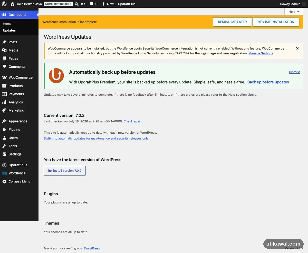 Layar WordPress Updates menampilkan status versi WordPress, plugin, dan tema