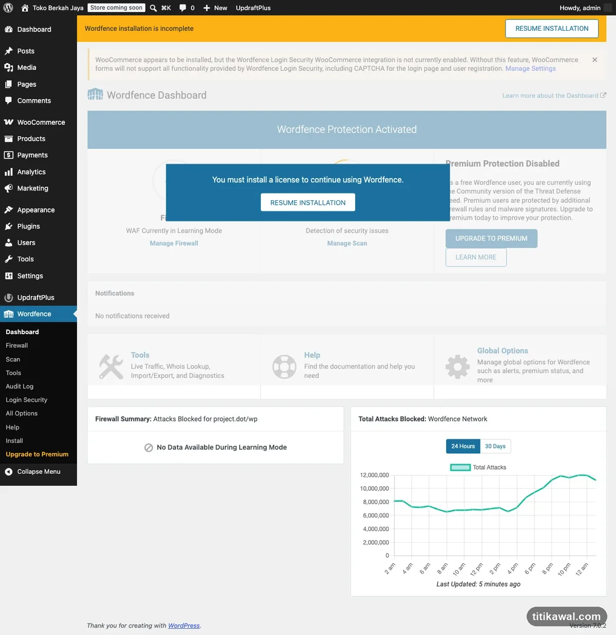 Dashboard plugin keamanan Wordfence di WordPress dengan status proteksi aktif